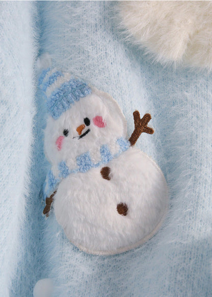 Blue Snowman Fuzzy Ball Decorated Knit Sweater Winter