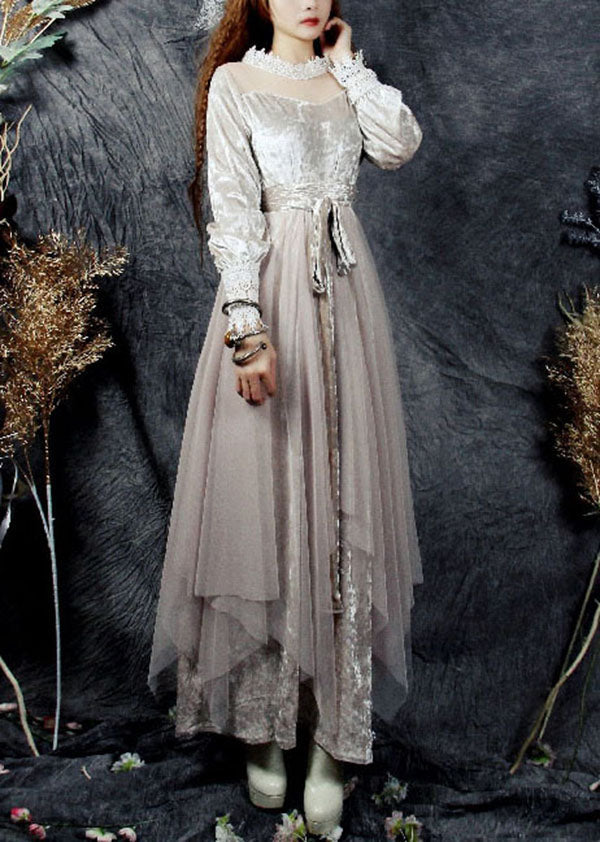 Beige Hollow Out Tulle Patchwork Silk Velour Long Dresses Spring
