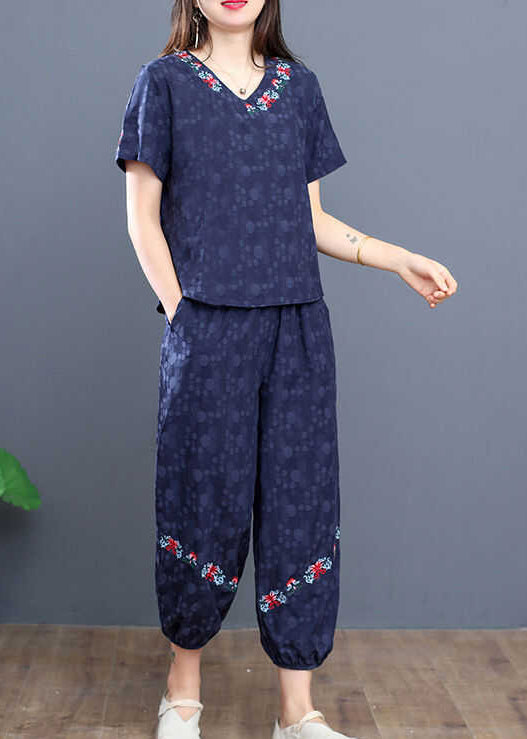 Navy Embroidered Cotton Two Pieces Set Summer