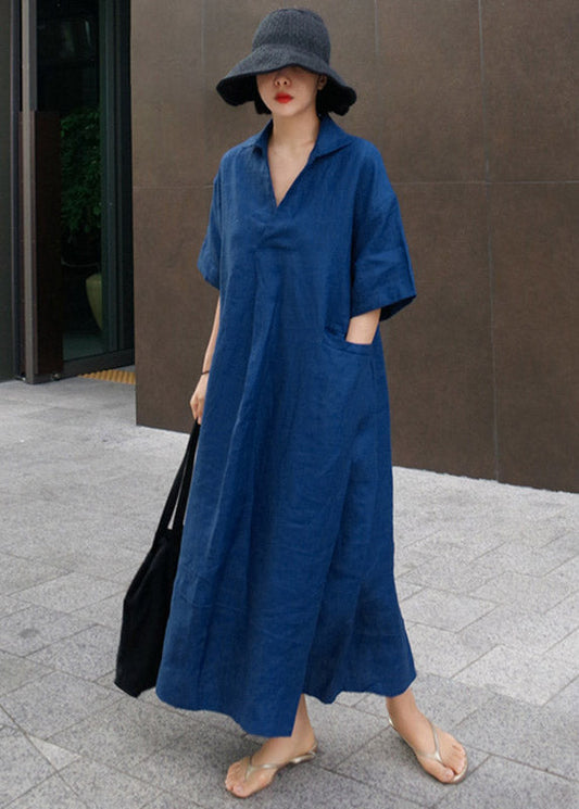 Blue Wrinkled Side Open Linen Dress Short Sleeve Summer