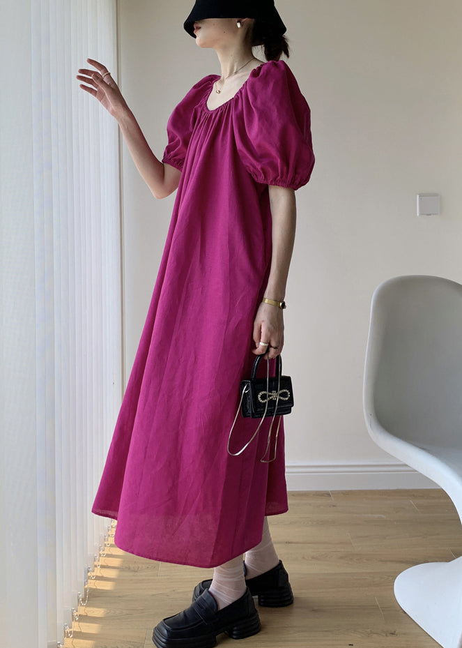 Rose Backless Patchwork Cotton Long Dresses Puff Sleeve
