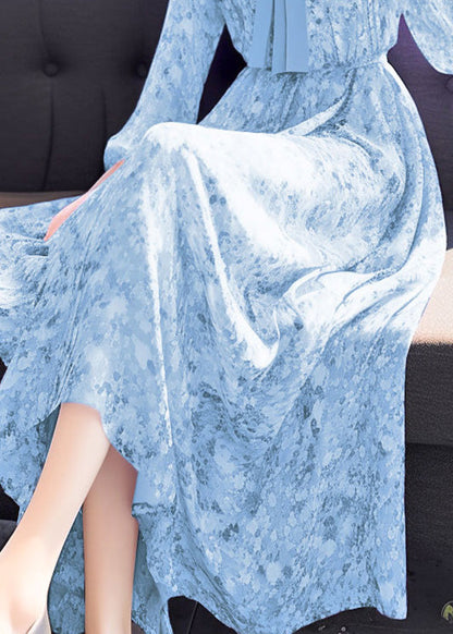 Blue Bow Print High Waist Chiffon Long Dress Fall