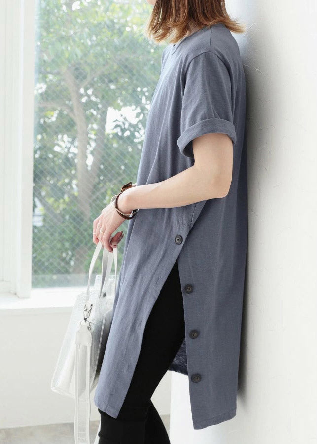 Light Blue O-neck Button Cotton Long T Shirt Short Sleeve