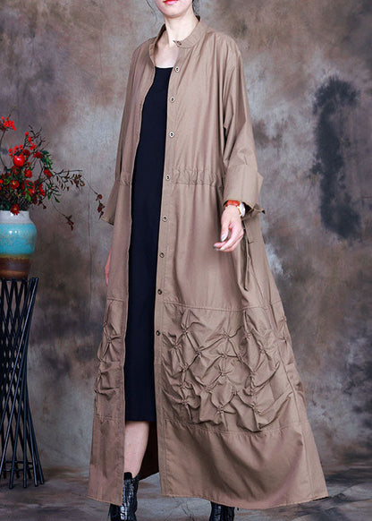 Khaki Button Tie Waist Spring Trench Coats