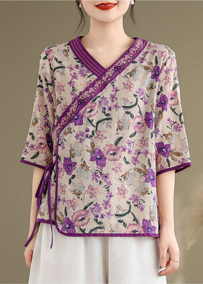 Handmade Purple Embroidered Print Linen Shirt Top Half Sleeve