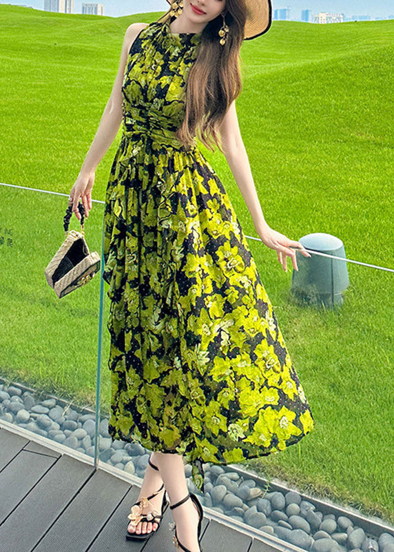 Green Print High Waist Chiffon Holiday Long Dress Summer