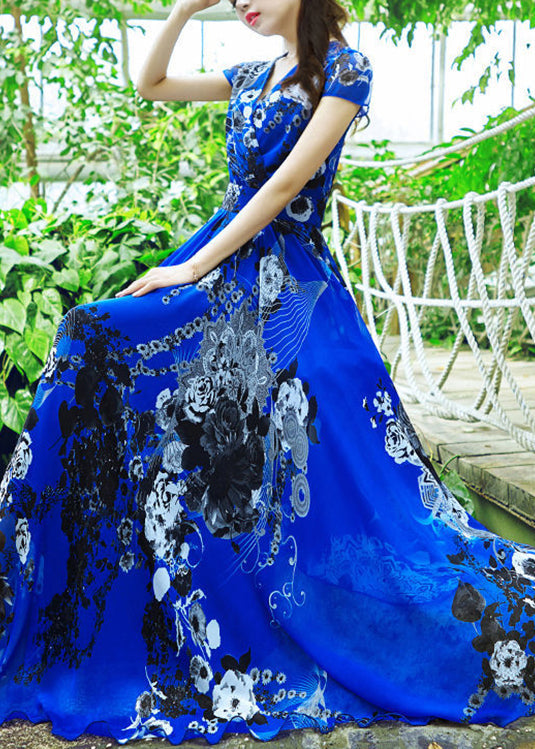 Royalblue Print Tunic Chiffon Long Beach Dress Short Sleeve