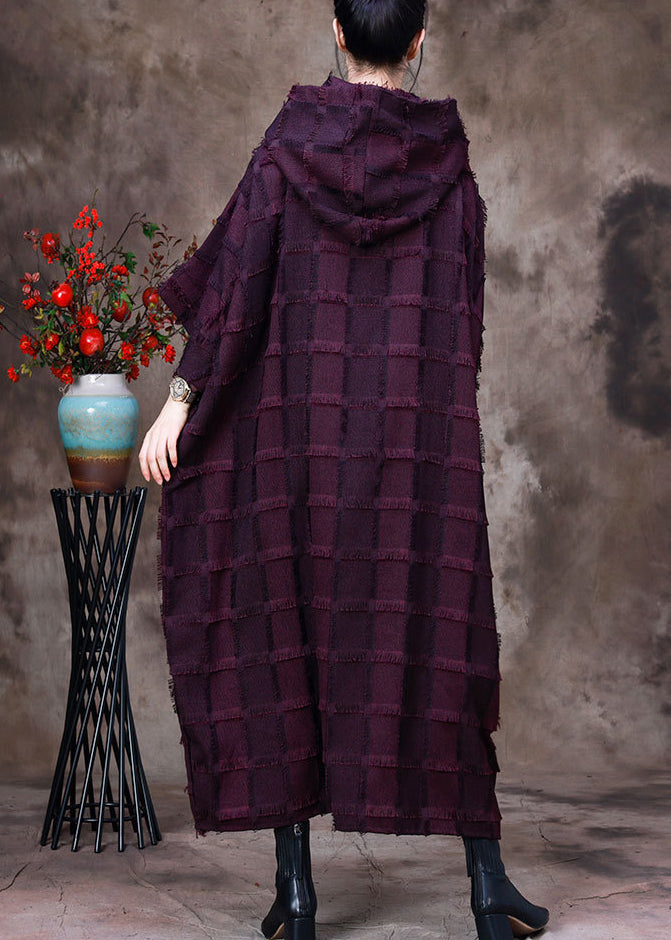 Purple Striped Silk Cotton Hooded Dresses Long Sleeve