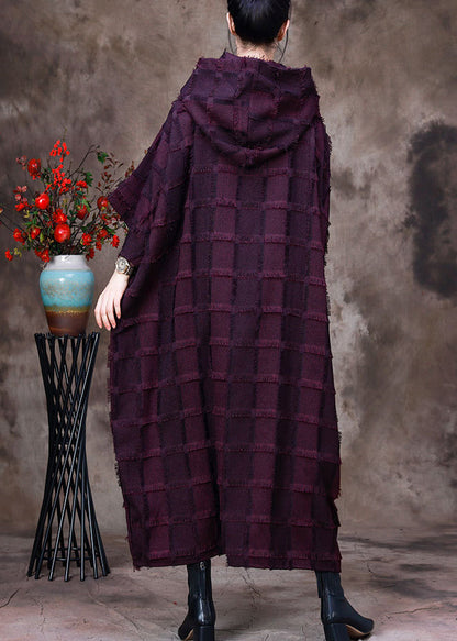Purple Striped Silk Cotton Hooded Dresses Long Sleeve