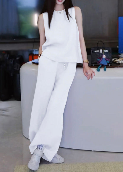 Simple Rose O Neck Tank and Pants Linen Two Pieces Set Sleeveless