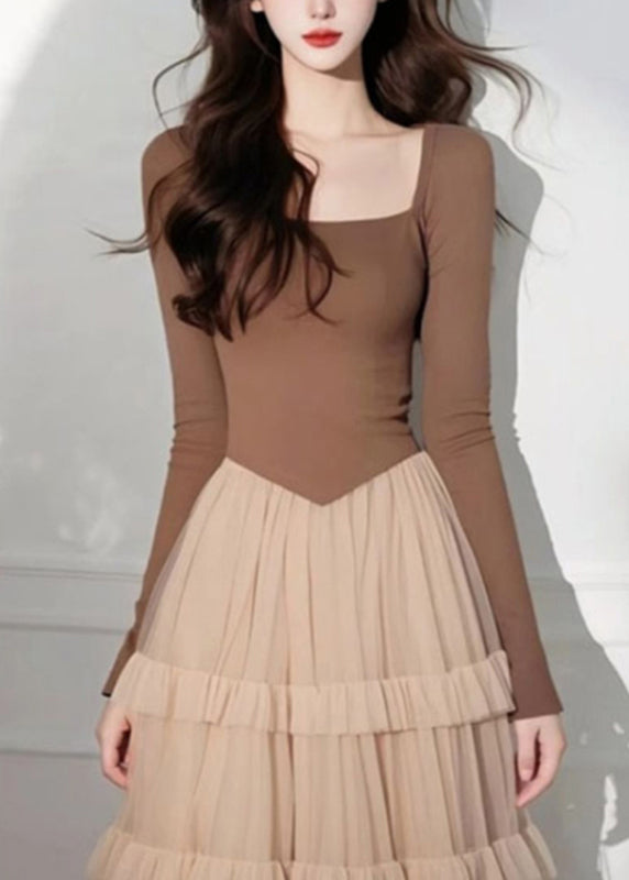 Coffee Square Collar Tulle Patchwork Long Cake Dress Spring