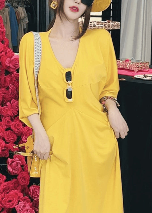 Yellow V Neck Patchwork Cotton Dresses Batwing Sleeve
