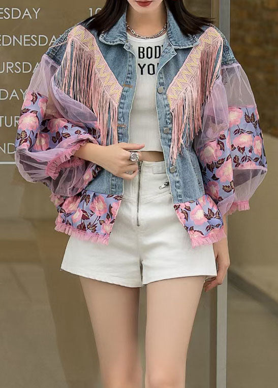 Loose Blue Tasseled Embroideried Ruffled Patchwork Denim Coat Lantern Sleeve Spring