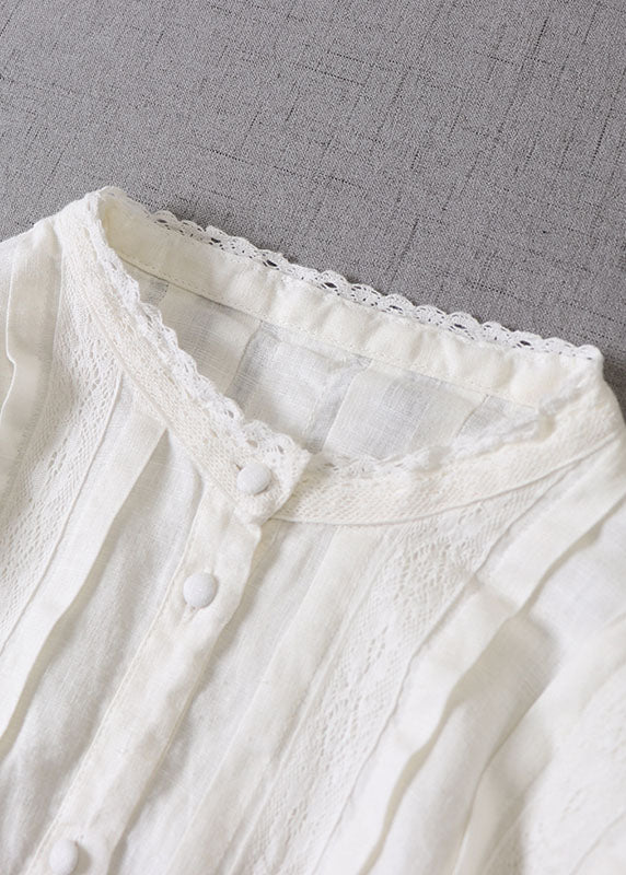 White Wrinkled Patchwork Tops Long Sleeve