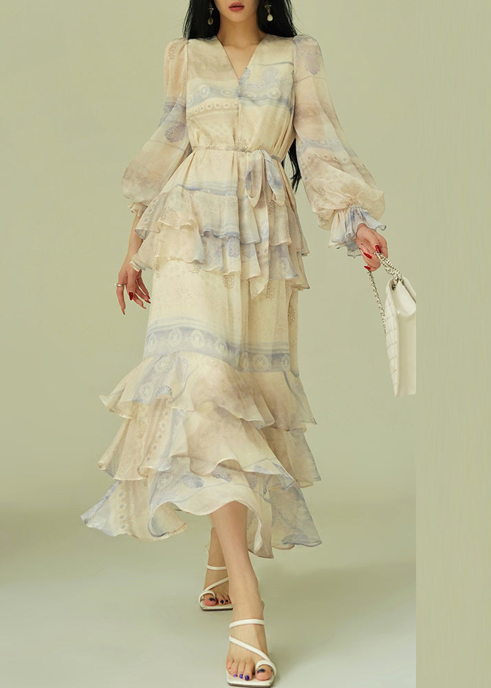 V Neck Print Tie Waist Cotton Party Dress Butterfly Sleeve