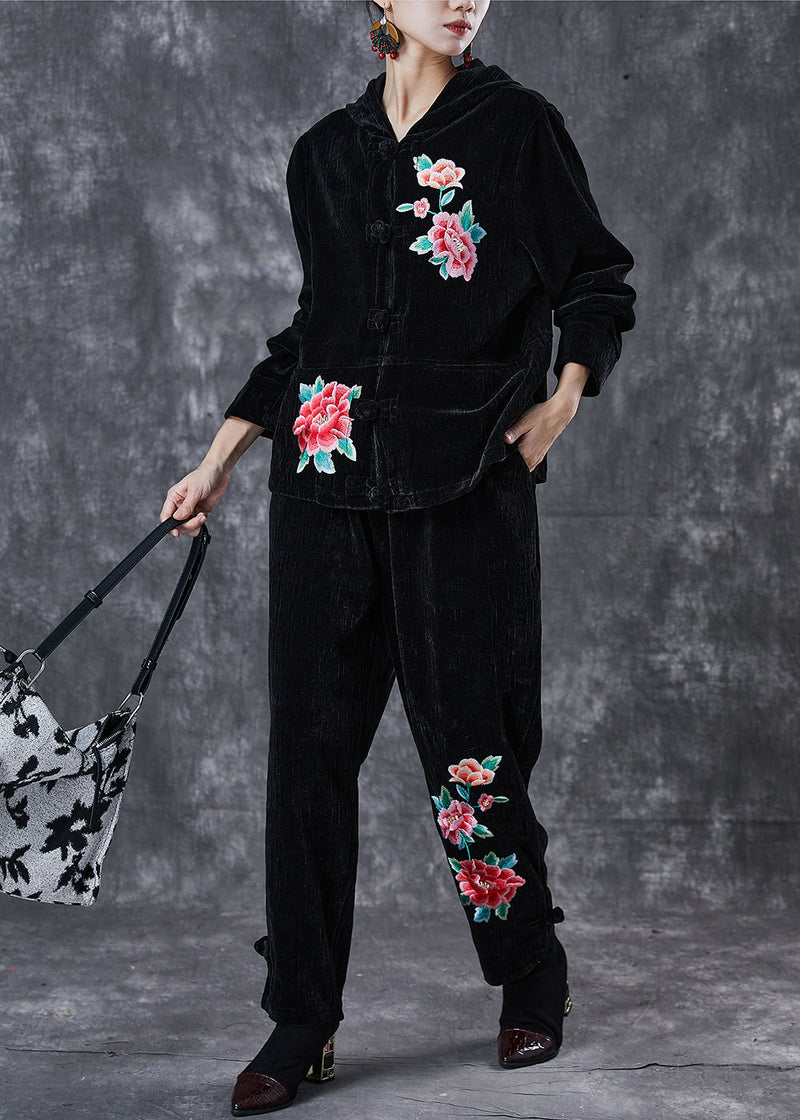 Black Oriental Corduroy Two-piece Set Embroideried Hooded Spring