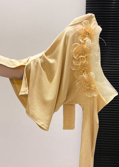 Yellow Decorated Side Open Cotton Tops Fall