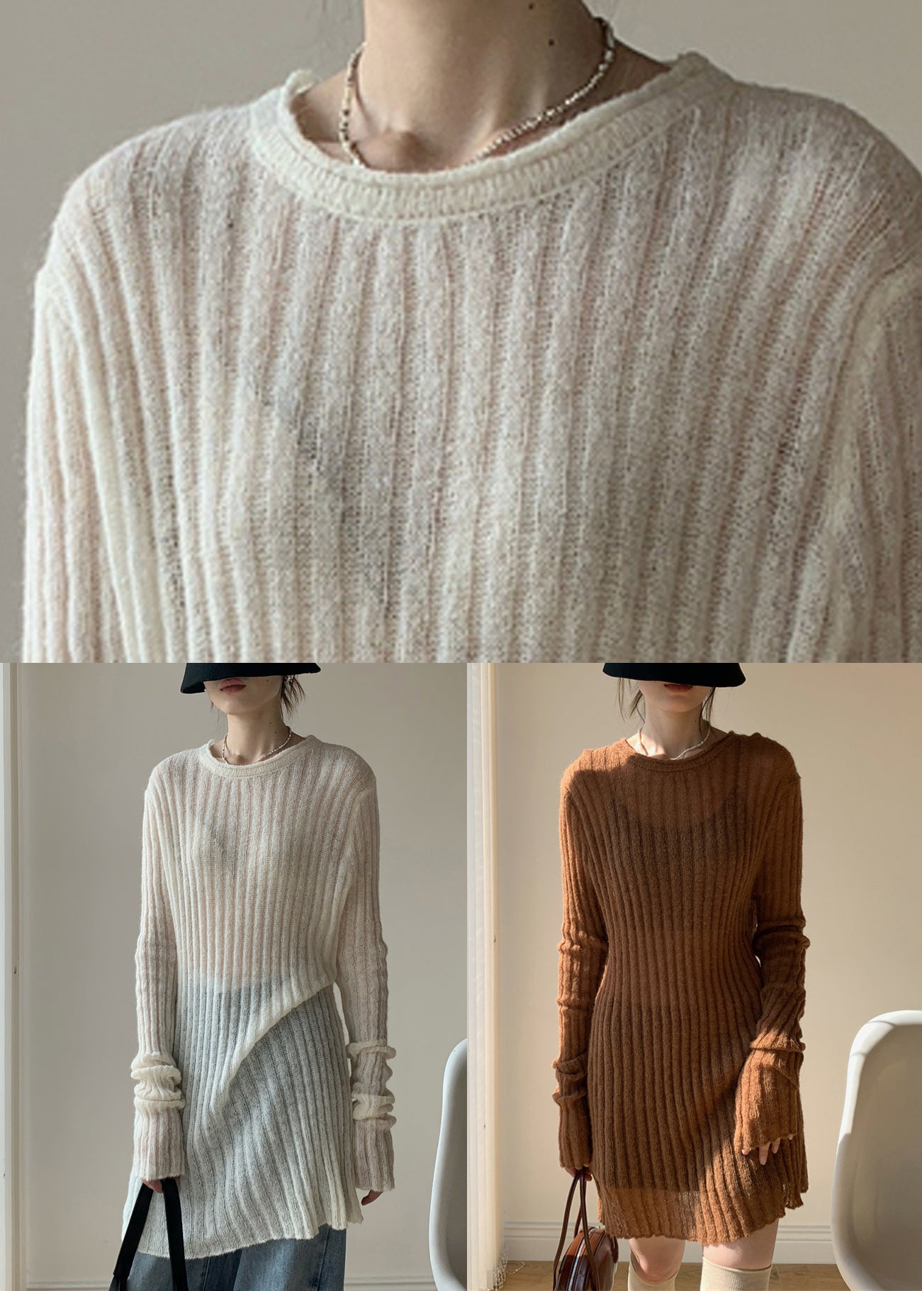 Simple White O-neck Thin Knit Sweater Dress Fall