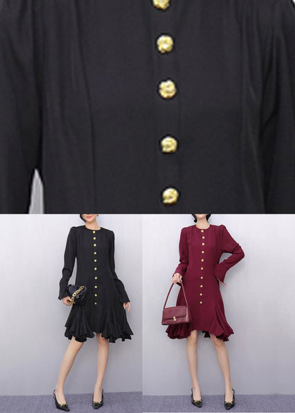 Original Black O-neck Button Long Dresses Flare Sleeve Spring