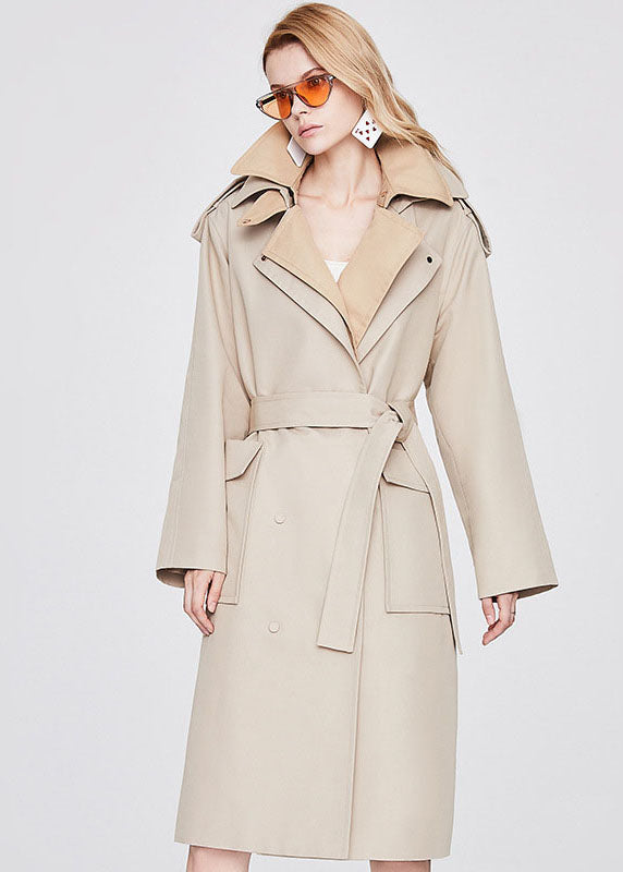Fitted Khaki Double-layer Collar Patchwork Cotton Fake Two Piece Single Breasted Trench Spring