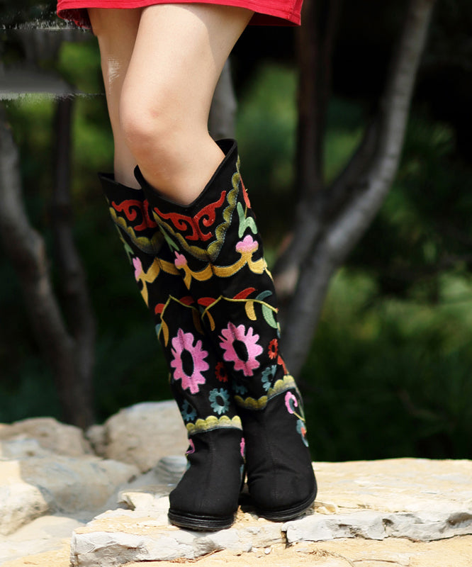 Black Embroideried Cowgirl Boots Cotton Fabric Zippered Knee Boots