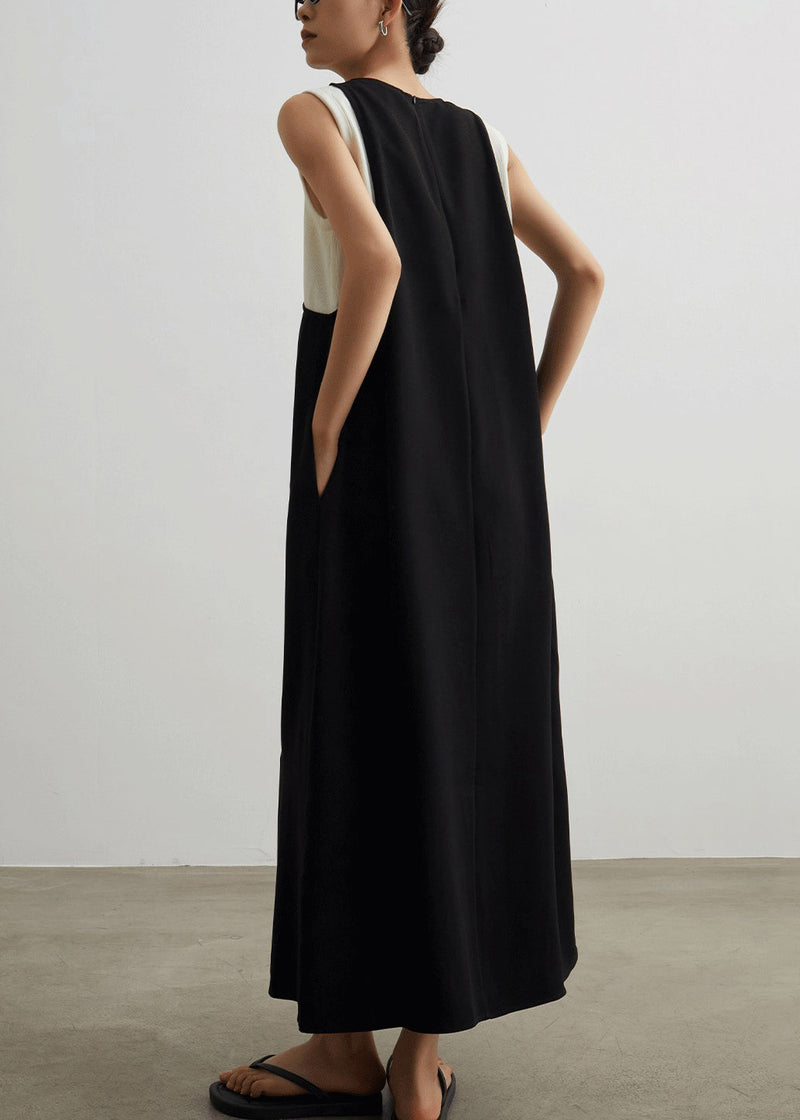 Black Pockets Patchwork False Two Pieces Cotton Long Dresses Sleeveless