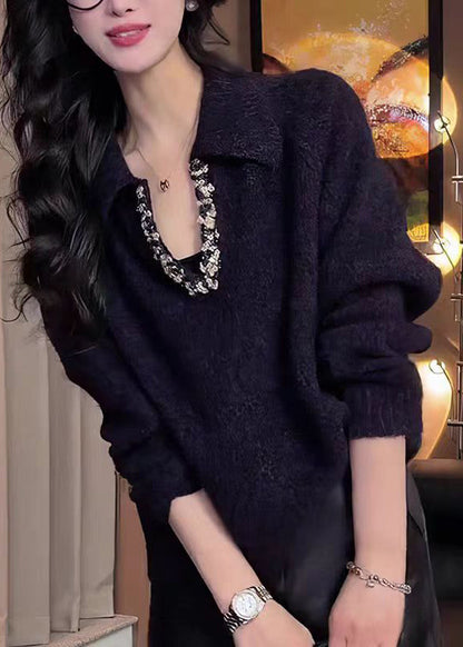 Black Peter Pan Collar Zircon Knitted Tops Fall