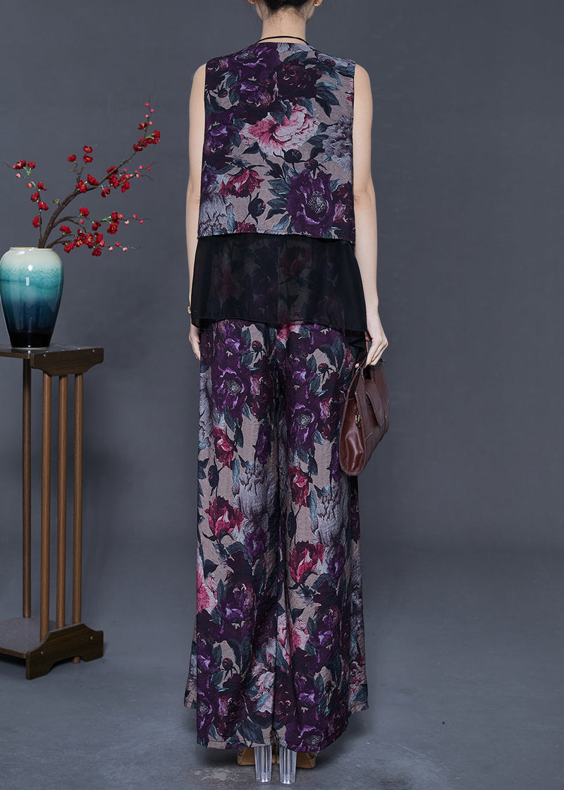 Purple Print Patchwork Linen Two Piece Set Outfits Summer
