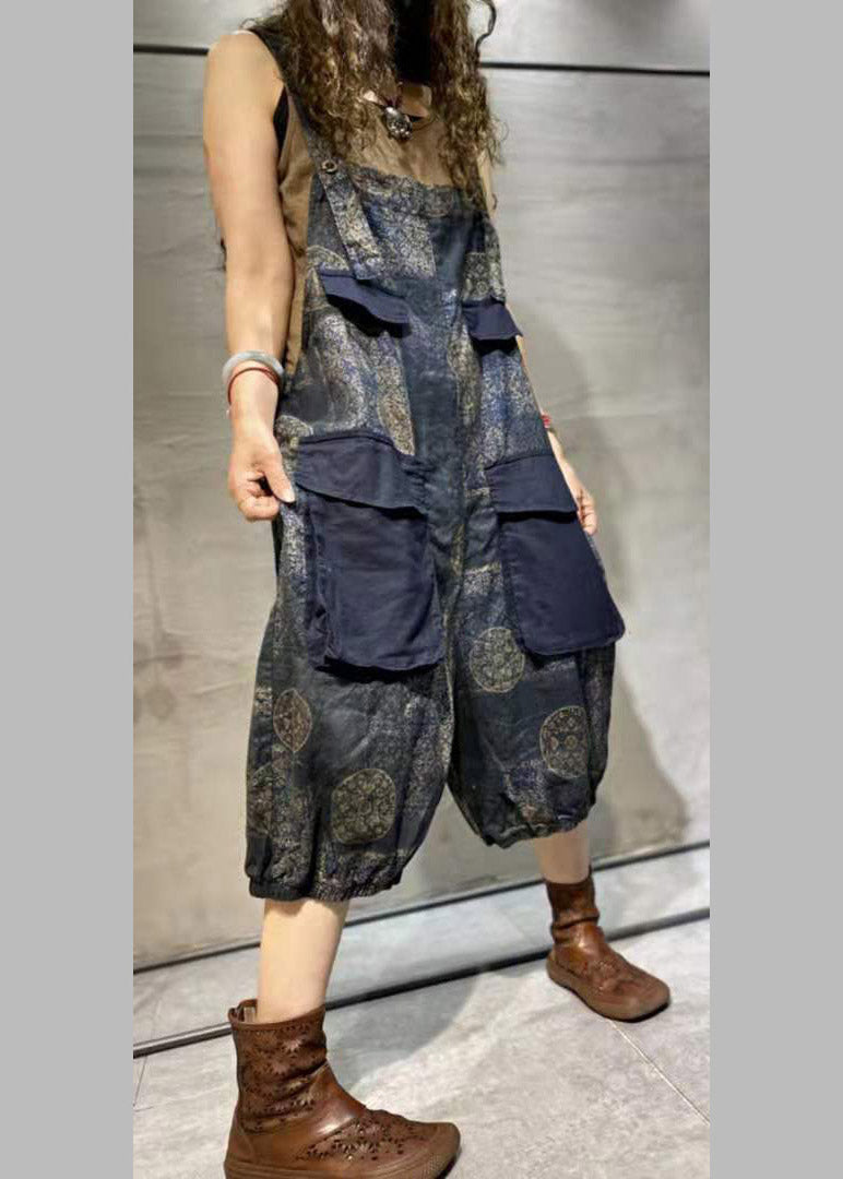 Blue Print Oversized Pockets Patchwork Cotton Denim Jumpsuit Summer