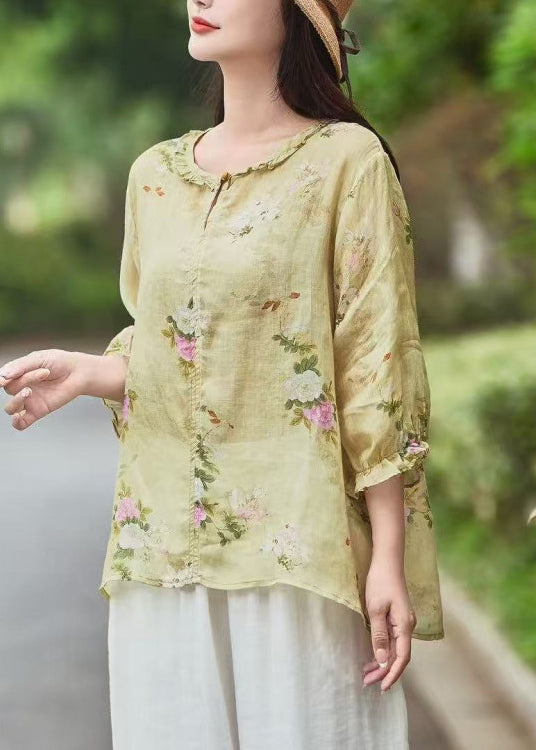 Yellow Ruffled Print Linen Blouse Bracelet Sleeve