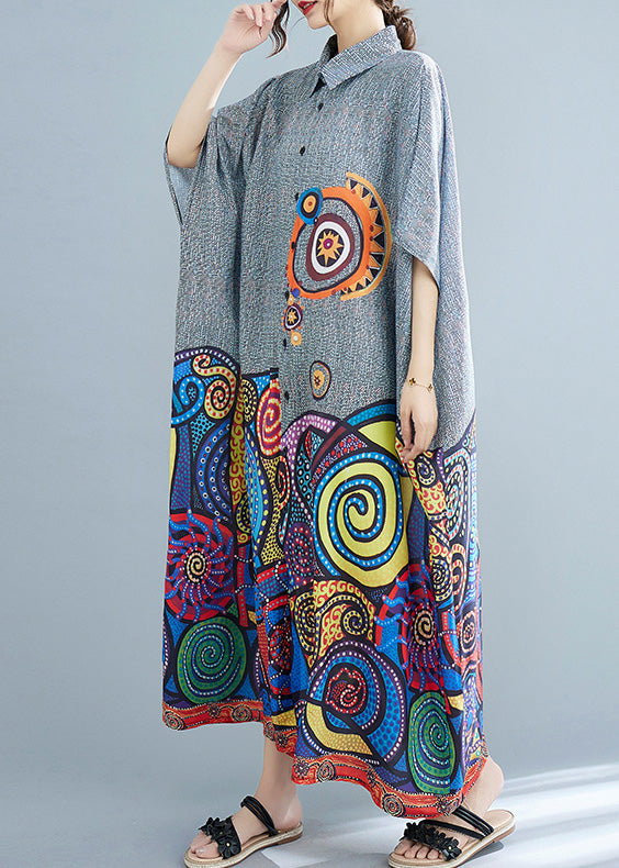 Peter Pan Collar Print Button Cotton Long Shirts Dress Summer