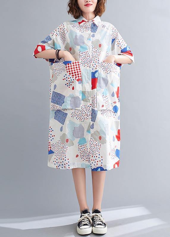 French Blue Print Cotton Long Shirts Summer Dress