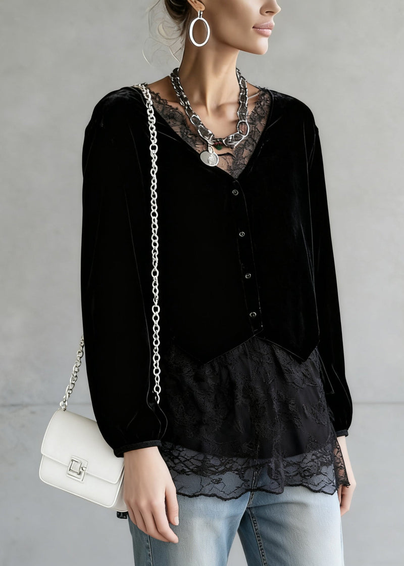 Black V Neck Lace Patchwork Velour Shirt Spring