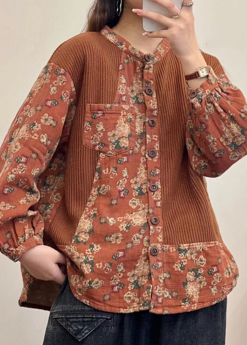 Green Button Print Patchwork Linen Shirt Top Fall