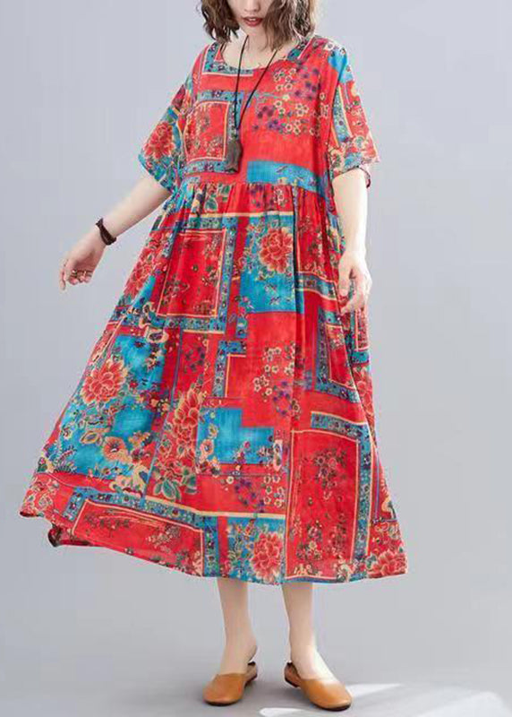 Red O-neck Print Patchwork Long Dresses Short Sleeve