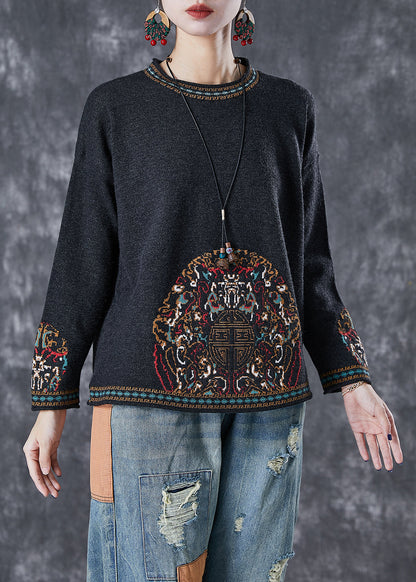 Black O-neck Print Cotton Blouses Fall