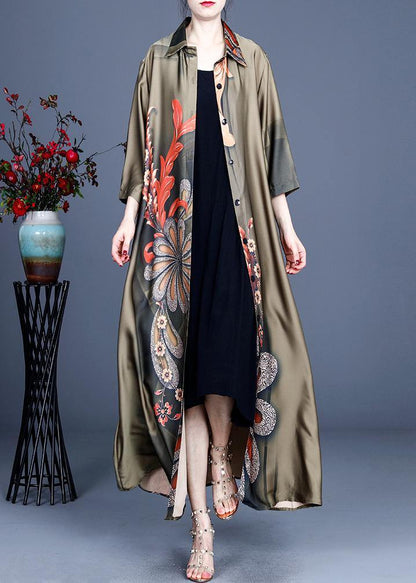 Loose Green Print Spring Long Sleeve Long Loose Coat