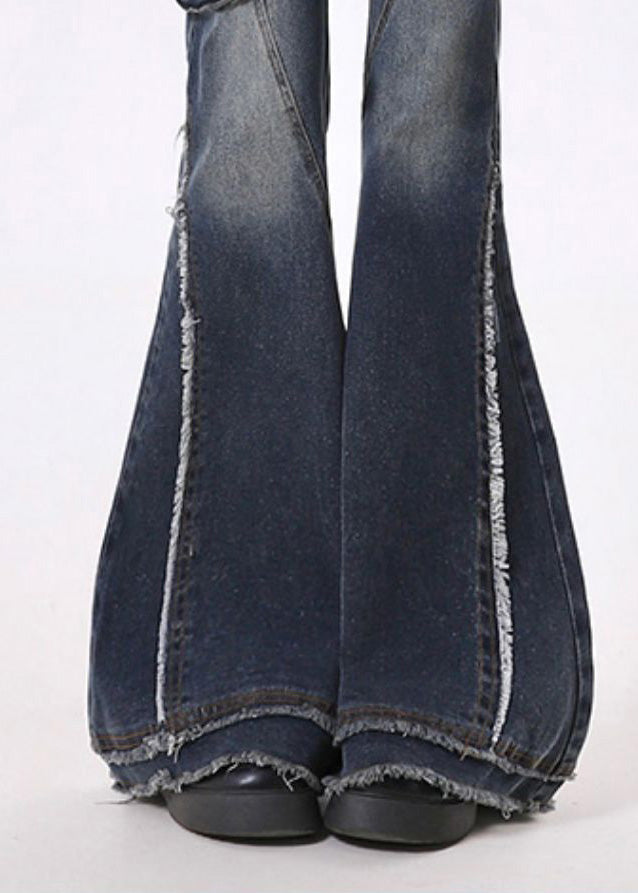 Navy Tasseled Patchwork Pockets Denim Flare Bottoms Pants Spring