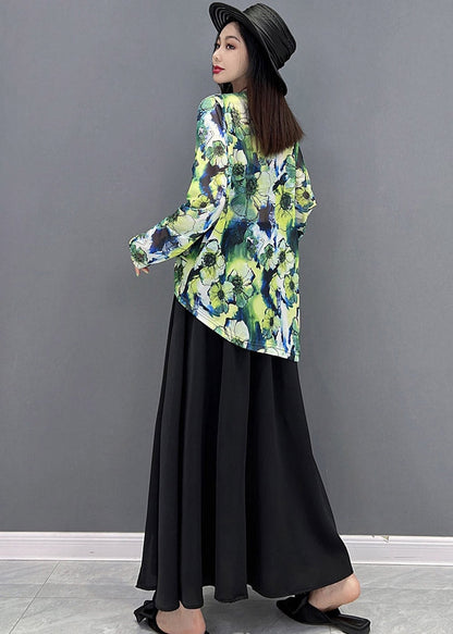 Natural Green V Neck Print Top and Maxi Skirts Two Pieces Set Summer