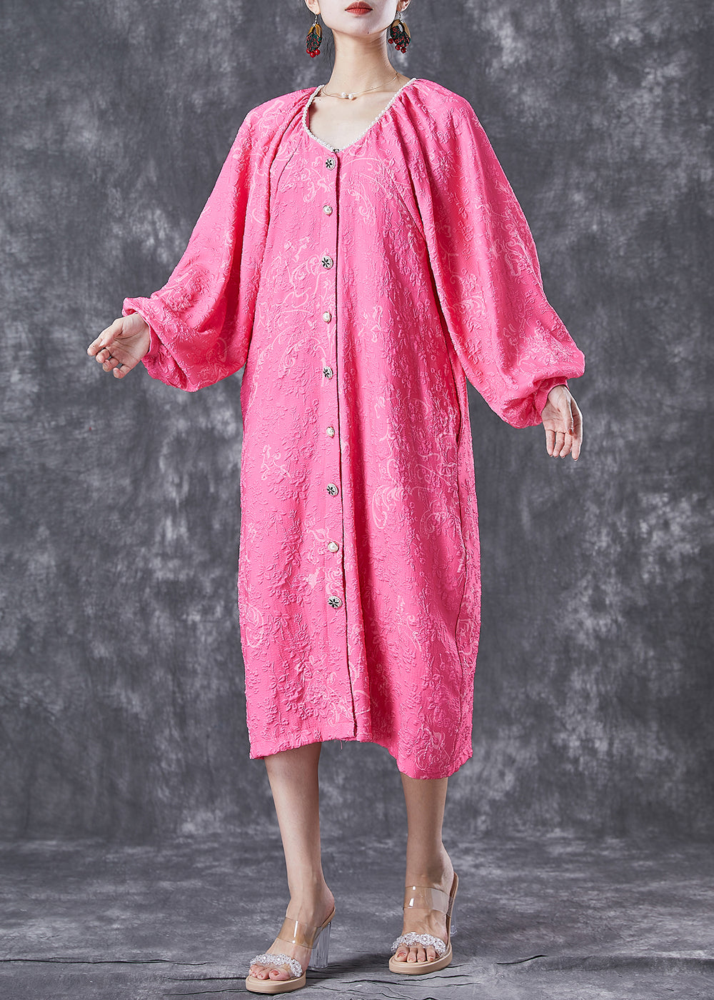 Rose Oversized Jacquard Cotton Maxi Dress Lantern Sleeve