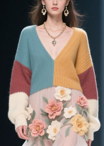 Style Colorblock V Neck Tulle Knit Sweater Dress Fall