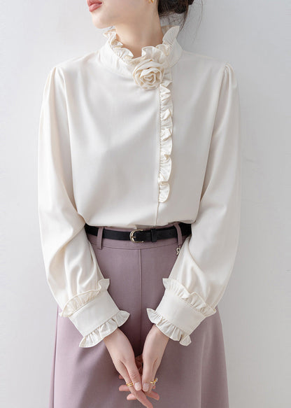 Classy White Ruffled Chiffon Shirt Top Spring