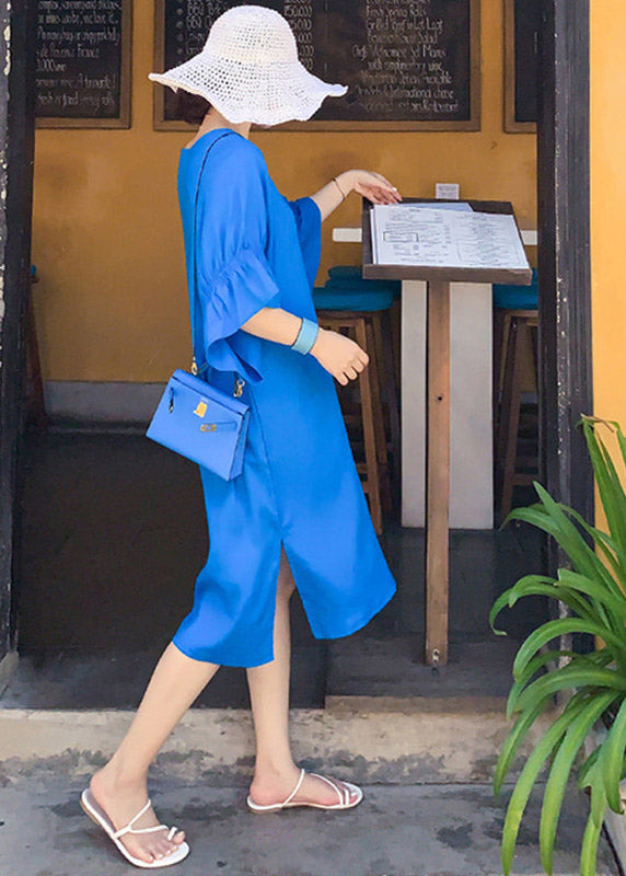Blue O-neck Long Dresses Flare Sleeve