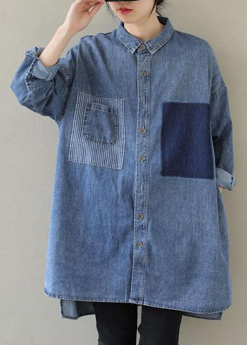 Organic Blue Peter Pan Collar Denim Blouses Spring