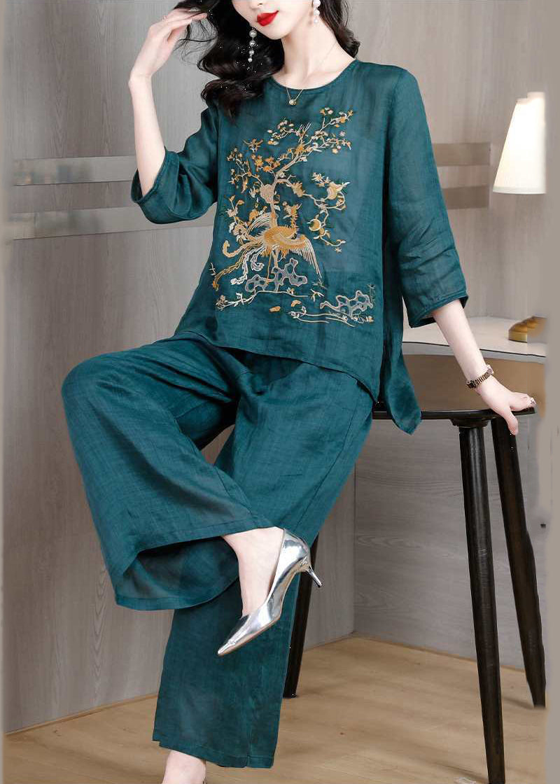 Blackish Green Embroidered Low High Design Linen Two Pieces Set Spring