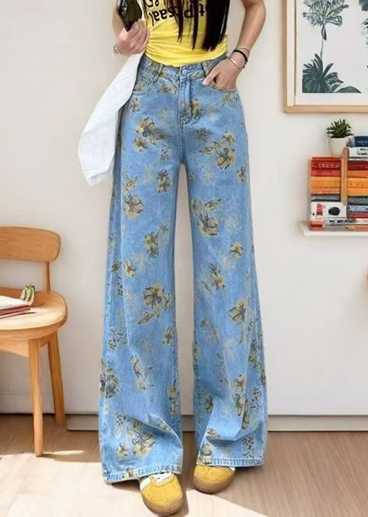 Diy Light Blue Oversized Print Denim Straight Pants Fall