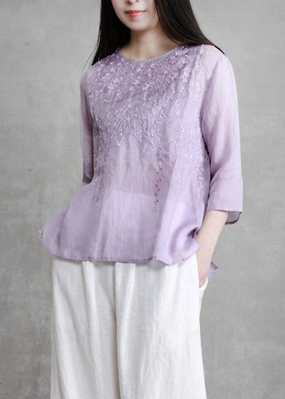 Boutique Violet O-neck Embroideried Linen Shirts Long Sleeve