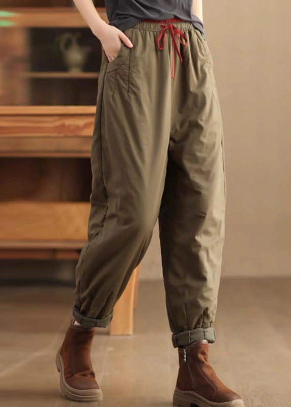 Loose Coffee Pockets Elastic Waist Fine Cotton Filled Pants Winter