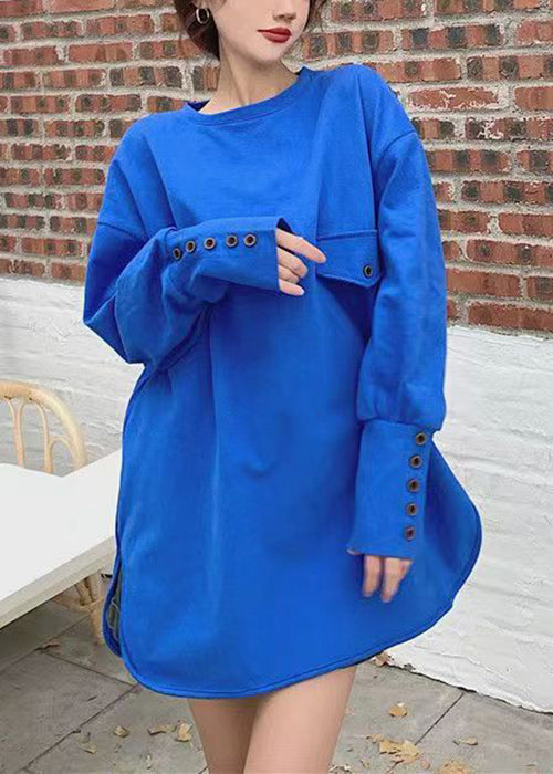 Blue O Neck Side Open Cotton Tops Fall