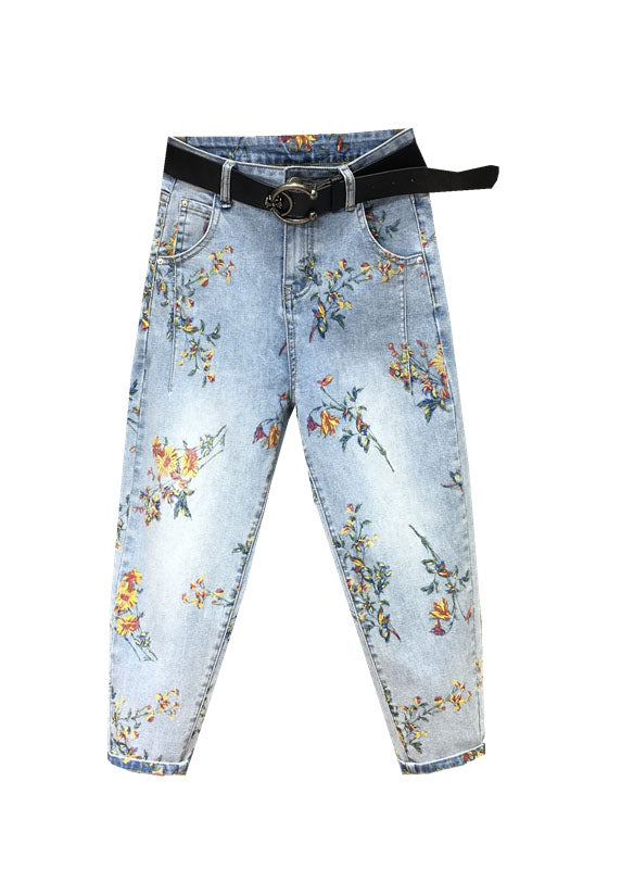 Light Blue Print Patchwork Crop Jeans Fall